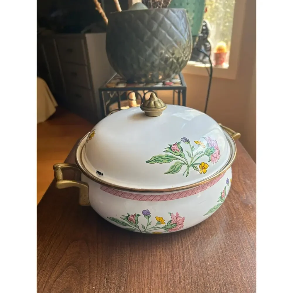 Tabletops Unlimited Dar Collection Enamel On Steel Floral Vintage PotWith Lid